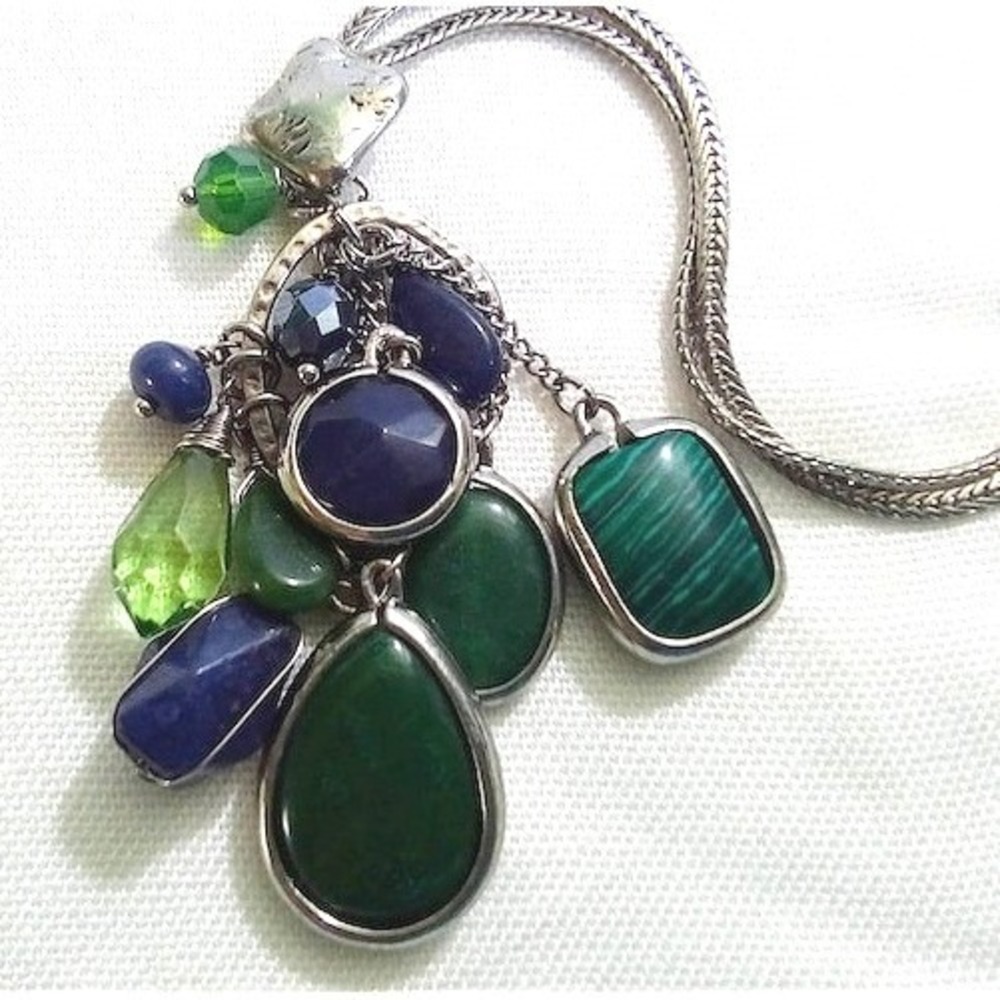 Vintage Style Charm Cluster Mixed Stone Necklace Silver Tone 32" Boho Pendant